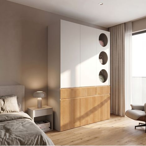 MODFU – Armadio 135x50x200 cm in MDF/truciolato con 6 ante, appendiabiti, 2 cassetti e carico 30/20 kg – Grigio/rovere chiaro (1/5)