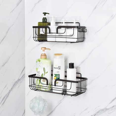 Serviteur de Douche Etagère de Douche Sans Perçage Adhésive Organisateur salle de Bain Serviteur de Douche Etagère avec 4 Crochets pour Salle de Bain Panier noir 2 pièces (1/5)
