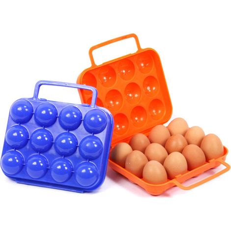 Lot deux boite rangement oeuf plastique douze compartiments bleu orange dimension 20 sur 19 sur 5 sur 7 centimetres pour camping pique nique cuisine frigo (1/5)