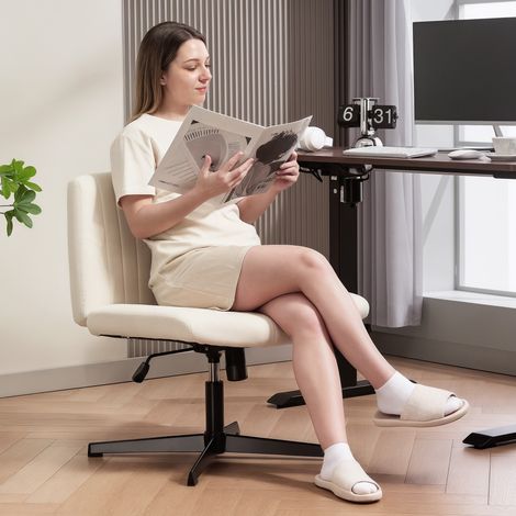 Chaise de bureau pivotante réglable en hauteur, aspect lin, assise jambes croisées, charge maximale 120 kg. Blanc crème (1/5)