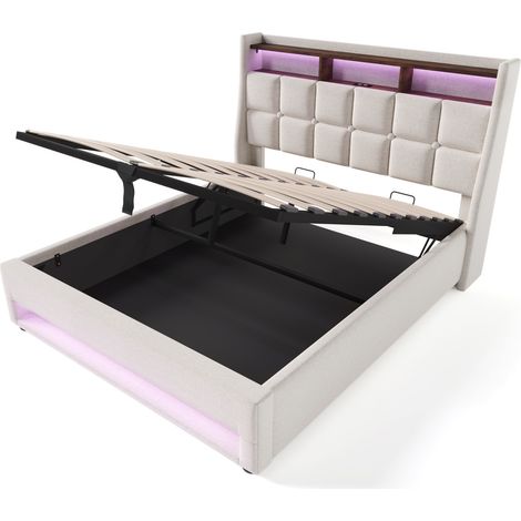 Polsterbett 160x200 cm aus Leinen mit LED und USB, Metallrahmen, Hellbeige (1/5)
