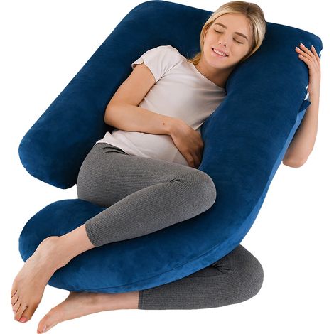 Almohada de embarazo en forma de J con funda de terciopelo, azul marino. (1/2)