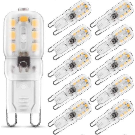 Lot de 10 ampoules LED G9 blanc chaud 3000K, équivalent halogène 25W, 230V AC, faisceau à 360°, classe énergétique A+. (1/5)