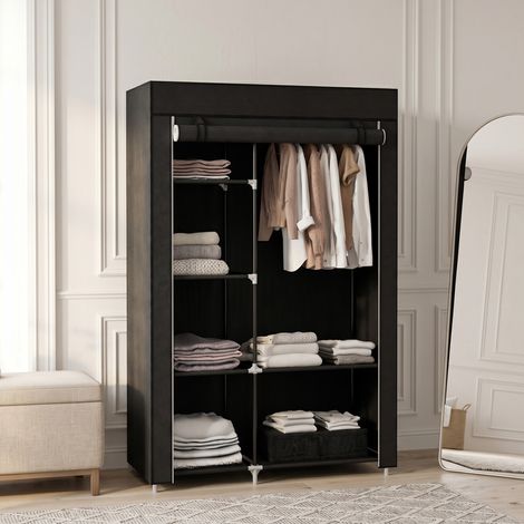 Armoire penderie organiseur 6 étagères + tringle, tissu non tissé noir, rangement polyvalent pour chambre et dressing (1/5)
