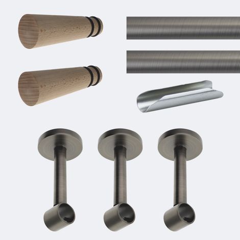 Kit de tringle à rideaux Carbone 300cm Diam.20mm Embout Cône Bois - Fixation Mur - Boulet (1/3)