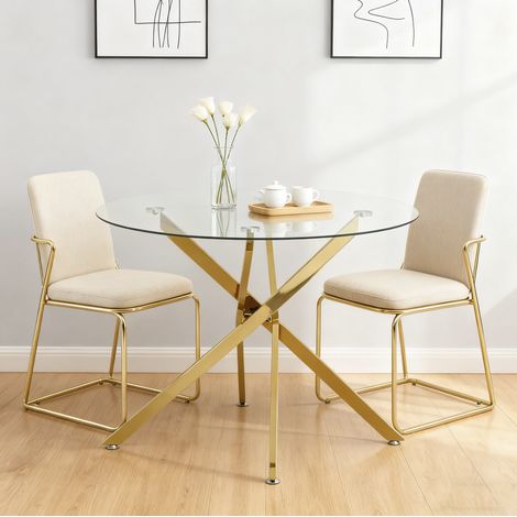 Table ronde en verre trempé y metal dorado 80x80x76 cm para 2-4 personas (1/5)