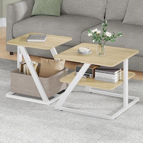 Table Basse Gigogne Lot de 2, Table d'Appoint Salon avec 1 Panier en Tissu, Table Basse avec Espace de Rangement, Idéale pour Le Salon, la Chambre ou Le Balcon, Blanc Bois Coloris