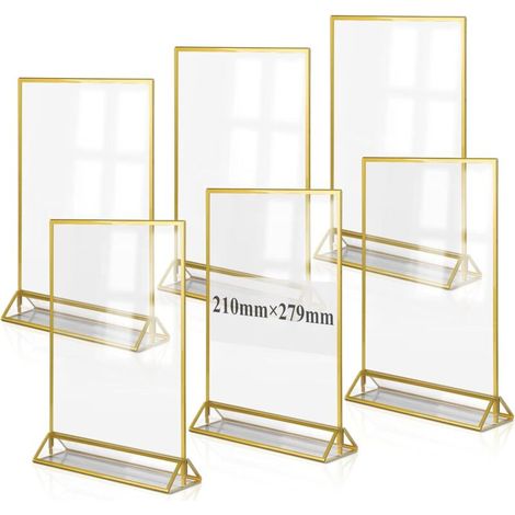 6-teiliges Set: A4 Acryl-Tischaufsteller, goldener Posterhalter, doppelseitiger transparenter Fotorahmen für Menüs, Fotos, Hochzeiten, Werbung, Empfänge