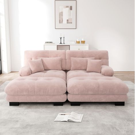 Divano angolare modulare 220x145x81 cm in chenille rosa con 2 pouf, per soggiorni – MEUBLIV (1/5)