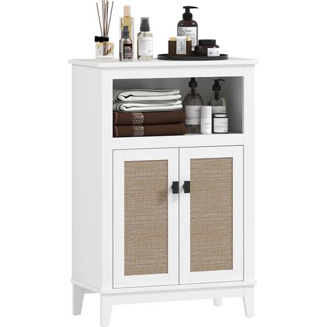 Meuble de rangement de salle de bain à 2 portes, façade en rotin, étagère réglable et compartiment ouvert, 60 x 30 x 90 cm, blanc (1/5)