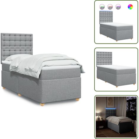 Sommier à lattes de lit et matelas Gris clair 90x190 cm Tissu - Lit Plateforme - Lit Double - Lit Design - Matelas À Ressorts Ensachés - Éclairage Led (1/5)