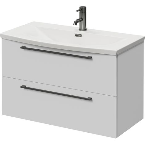 Napoli 390 Gloss White 800mm Wall Mounted 2 Drawer Vanity Unit with Arc Basin - 800mm - Gunmetal Grey 480mm Handle