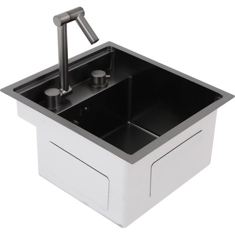 HAUTOUR Évier de cuisine sous-plat 43 x 39 x 23 cm, lavabo invisible peu encombrant avec couvercle, évier en acier inoxydable avec robinet pliable, 1 bac à encastrer, pour bar, caravane (1/5)