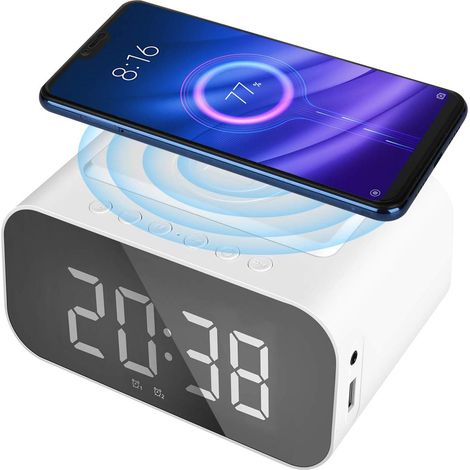 Réveil radio Bluetooth avec haut-parleur sans fil, charge par induction, radio FM, écran LED miroir, port USB, entrée AUX, appel mains libres - Blanc (1/5)