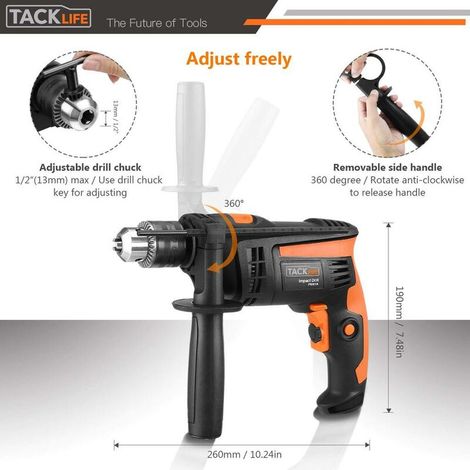 Perceuse Percussion, Perceuse à Percussion710W, 44800 IPM, 10pcs Kit d'Accessoires, Mandrin 13mm, Poignée Rotative à 360° - PID01A (1/4)