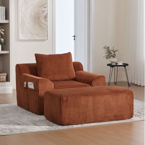 XXL-Sessel 147x110x67 cm orange aus Cord mit Fußhocker und Seitentaschen (1/5)