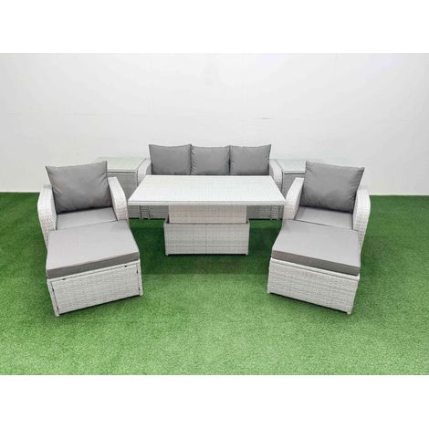 Fimous PE Rattan Garden Furniture Set Reclining Chair Sofa Lounge Sofa Set Adjustable Lifting Dining or Coffee Table 2 Side Table 2 Big Footstool Light Grey (1/4)