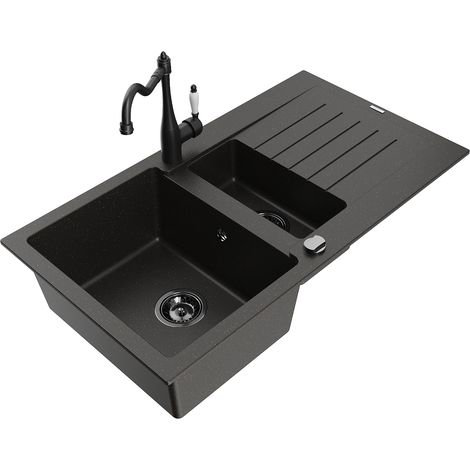 Mexen Matias évier en granit 1,5 bac avec égouttoir et robinet de cuisine Carla noir/or métallisé - 6502-75-670700-70-B (1/5)