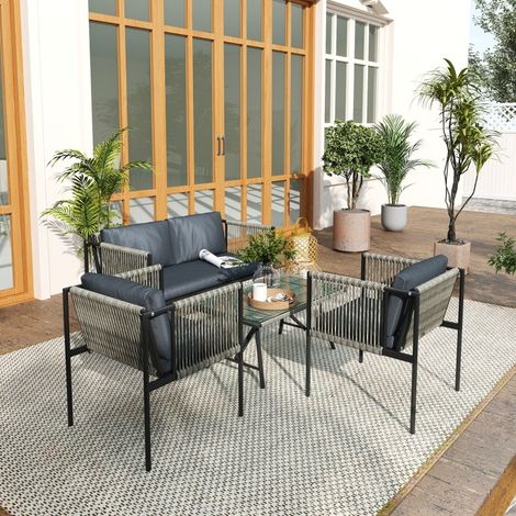 Gartenmöbel Set 4-teilig mit Sofa Tisch Rattan Grau OKMYHOME (1/4)