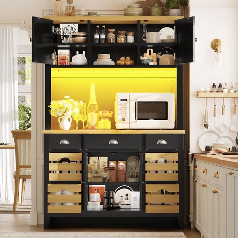Buffet haut vaisselier de cuisine LED120x40x188 cm - meuble de rangement avec plan de travail effet bois - étagères et paniers réglables - MDF - noir (1/5)