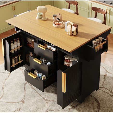 Îlot de cuisine sur roulettes 120-197x40/80x95 cm, plateaux rabattables, 3 tiroirs, rangement, MDF - noir (1/5)