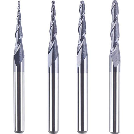 Set of 4 conical milling cutters, 3.175 mm, radius from 0.25 to 1.0 mm, CNC tungsten carbide milling cutters with TiAlN coating for carving, engraving and woodworking. (1/5)