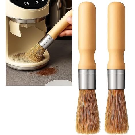 2 Pièces Brosse à Café, Brosse de Nettoyage Végétalienne, Pinceaux Machine à Expresso, Poils Naturels et Manche en Bois, Design Moderne pour Porte-Filtre, Barista (Couleur Bois) (1/5)