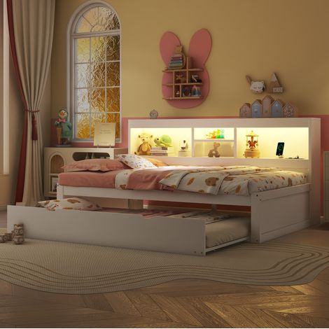 Schlafsofa, Daybett, Tagesbett, 90200cm , Mit LED-Leuchten, Bettseitiges Staufach, Ausziehbares Bett, Steckdose + USB, Ohne Matratze, Weiß (1/5)