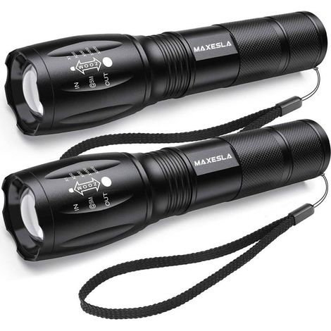Extrem leistungsstarke LED-Taschenlampe, 2000 Lumen, IP65 wasserdichte taktische Taschenlampe, zoombar, 5 Leuchtmodi, stoßfest und rutschfest für Camping, Wandern und Notfälle, 2er-Pack [Energieklasse (1/5)