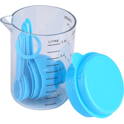 7-teiliges Set Messbecher und -löffel aus Kunststoff zum Abmessen von Tee, Kaffee und anderen Getränken, blau (1/5)