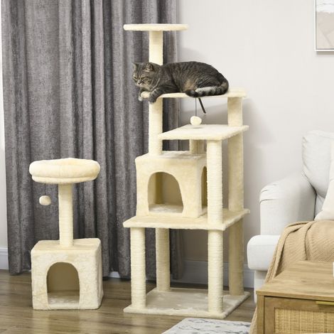 Katzenbaum, Kletterbaum, Kratzbaum, 171 cm hoch, mit 2 Höhlen, 6 Plattformen und 2 Hängebommeln, beige