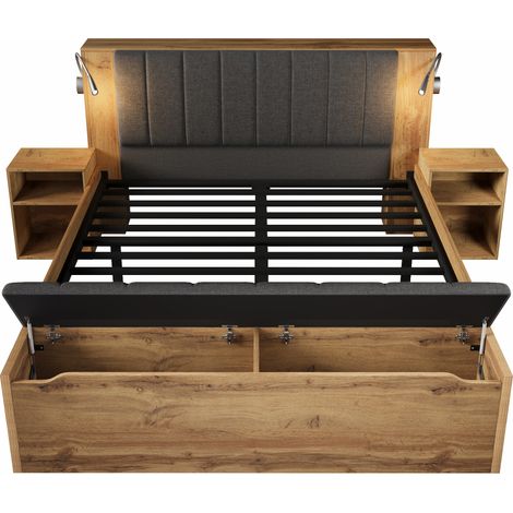 Doppelbett 160x200 cm in Holzoptik Eiche mit klappbarem Kopfteil und USB-Lampen (1/5)