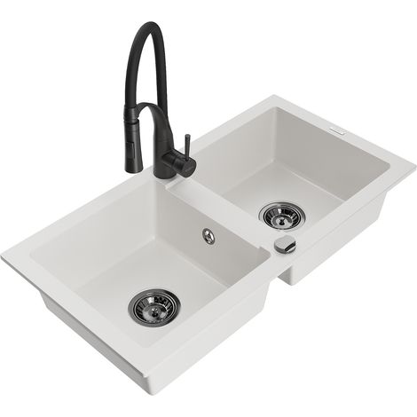 Mexen Mario fregadero de granito de 2 cubetas con grifo de cocina Aster, blanco - 6504-20-73450-70-B (1/5)