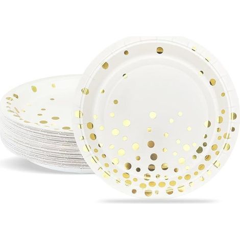 24 assiettes fête 23 cm, blanc pailleté or, vaisselle jetable carton pour baptême et anniversaire