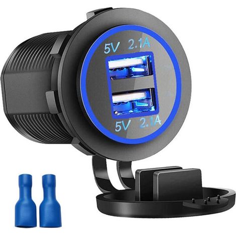 Cigarette Lighter Socket, 12V Power Outlet for Car, Motorcycle, ATV (2 USB Blue) (1/4)