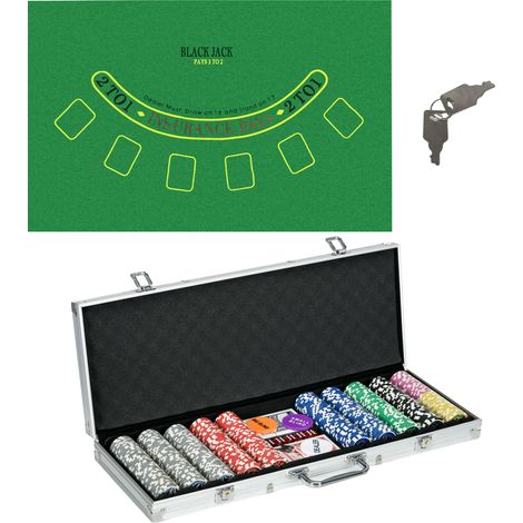 Mallette Poker 500 Jetons 5/2 Jeux Cartes 3 Boutons Tapis Feutre