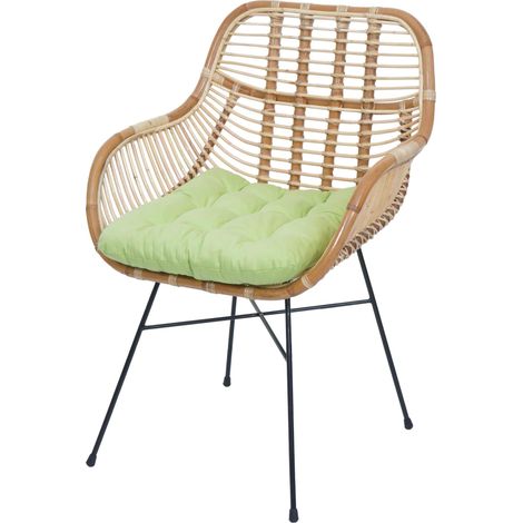 [NON UTILIZZATO] Sedia da pranzo HHG-342, da cucina in vimini poltrona in rattan, Kubu rattan metallo, cuscino verde