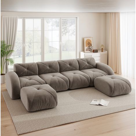 Sofá modular en U sin estructura de 4 plazas con 2 pufs en chenilla topo OKWISH (1/5)