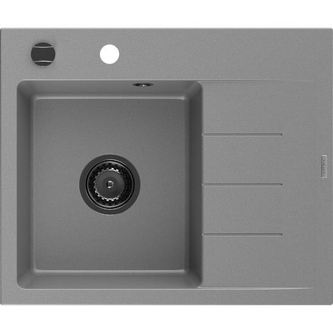 Mexen Ben Granitspüle 1-beckig mit Abtropffläche, links 600 x 500 mm, grau, schwarzer Siphon - 6522605000-71-B (1/5)