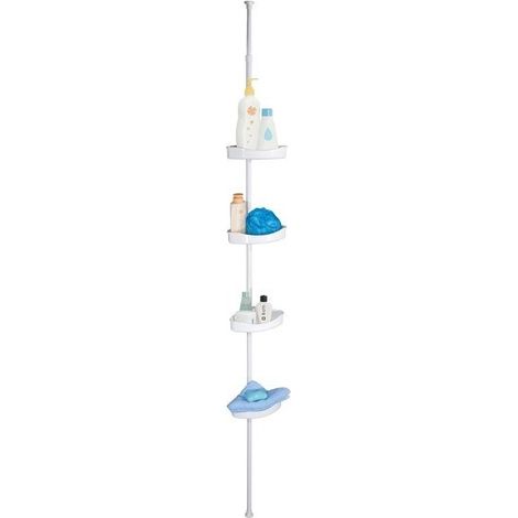 MSV – Étagère de douche d'angle auto-portée 125-245cm – Acier blanc – Sans perçage – 4 tablettes ajustables pour rangement efficace