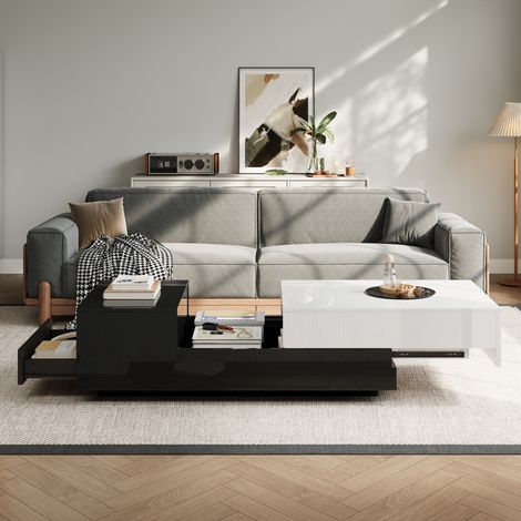Table basse brillant 100x50x38 cm avec 1 tiroir et plateau coulissant. Design géométrique noir et blanc  grand espace de rangement. (1/5)