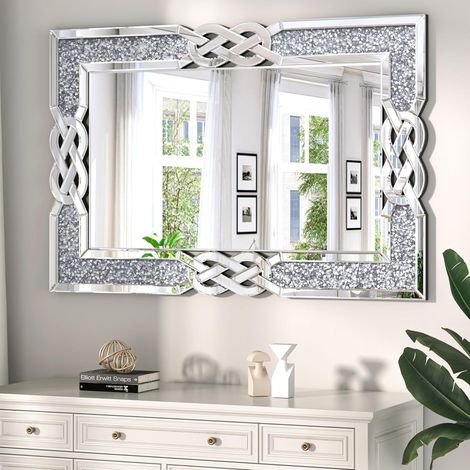 Luvodi – Miroir mural décoratif rectangulaire 90x60cm – Cadre en verre avec cristaux – Installation verticale/horizontale – Élégance et luminosité (1/5)