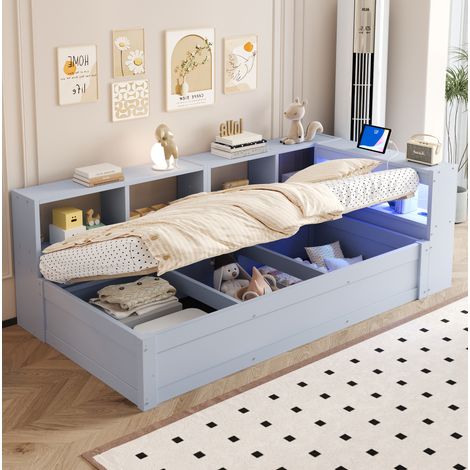 Divano letto multifunzione 220x110x70 cm con presa integrata, vani contenitore, LED, MDF, grigio (1/5)