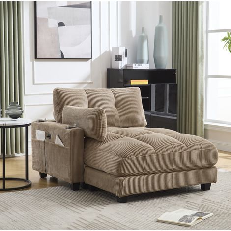 Fauteuil lounge 140x112x81 cm kaki en velours côtelé avec porte-gobelets, port USB et poches latérales (1/5)