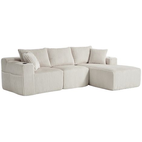 Canapé d'angle, canapé 6 places avec poches latérales et porte-gobelets, 5 coussins, en velours côtelé, beige