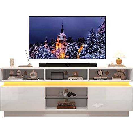Meuble TV LED blanc 160 x 35 x 60 cm avec 10 rangements, façade brillante, plateau en verre trempé et espace pour TV 60 pouces, pour petit salon  CHICFURN (1/5)