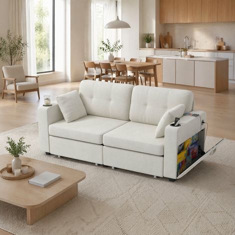 divano 2 posti con cassetti e USB in chenille beige OKMYHOME (1/5)