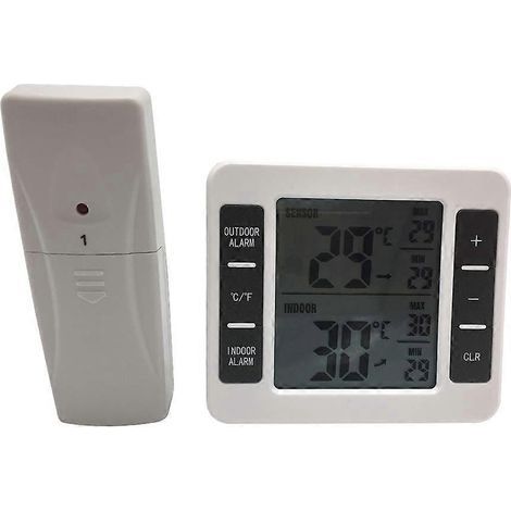 Kabelloses Innen-/Außenthermometer mit Sensor und Digitaluhr für den Heimgebrauch (Schlafzimmer, Haus), keine Batterien erforderlich. (1/3)