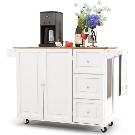Chariot de cuisine îlot blanc en bois avec plateau rabattable, 3 tiroirs, placard et roulettes pour cuisine et salle à manger (1/5)