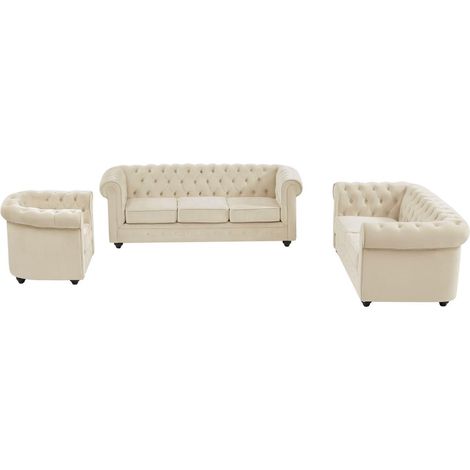 Divano 3 posti, 2 posti e poltrona in Velluto Beige - CHESTERFIELD